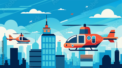 The city was constantly in motion as air taxis darted in and out of charging stations seamlessly navigating the sky.. Vector illustration