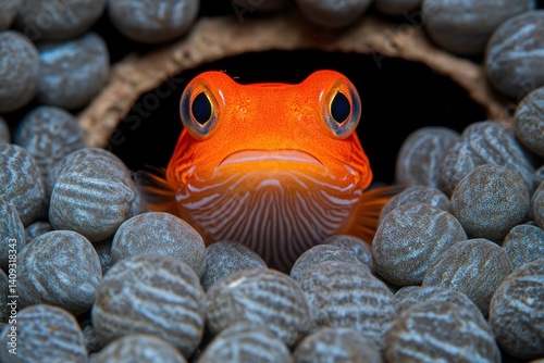 Vibrant Orange Fish Peeking from Rocky Cave Underwater World Captivating Marine Life Close Up Aquatic Habitat Exotic Creature Eye Contact