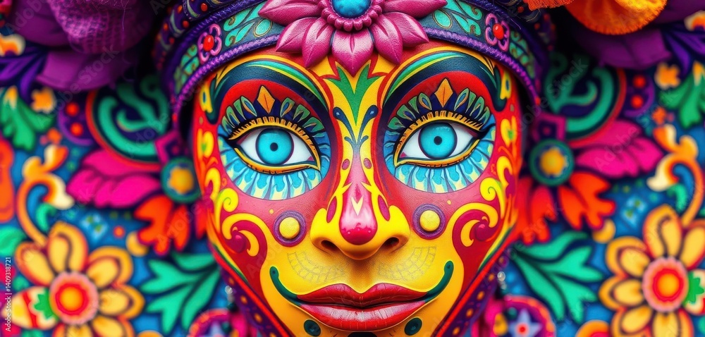 Fototapeta Vibrant face, ornate geometric & floral patterns, festive carnival colors,  clipart,  vector