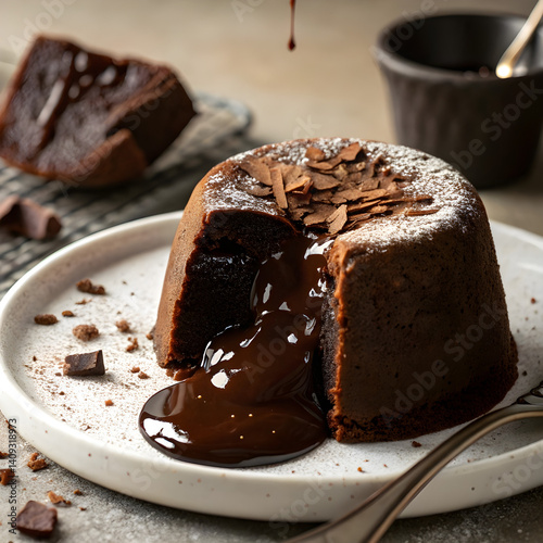 A chocolate lava cake being cut open, with rich chocolate flowing out, captured in a dramatic lighting setup.