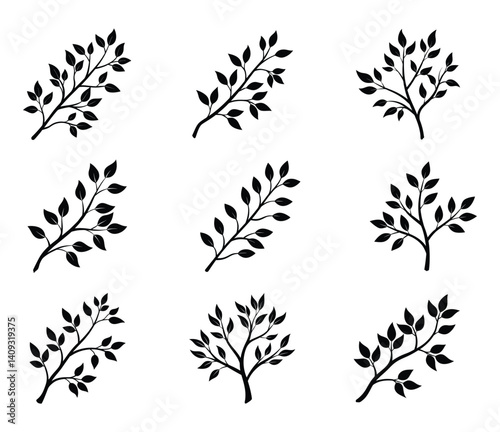 Set of Tree Brunch leaves silhouettes on white background
