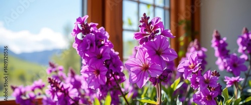 Vibrant purple flowers in bloom, sunlight through window, scenic view, photo, photography