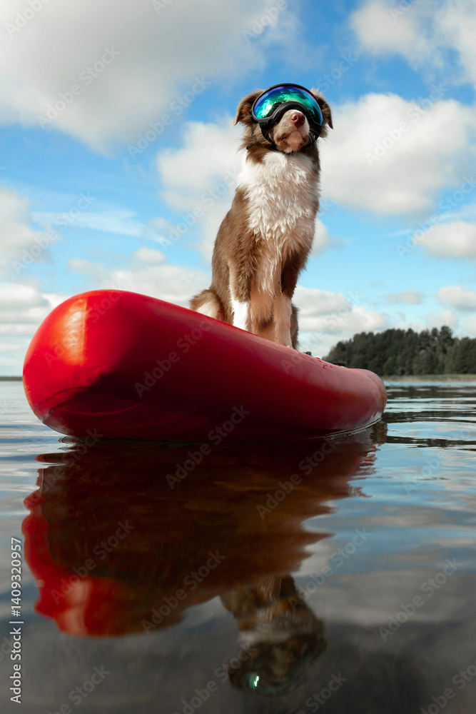 Φωτογραφία cute Border Collie puppy dog in red life jacket for animals and sports glasses for dogs swimming on a river on a red SUP board on a sunny morning dawn