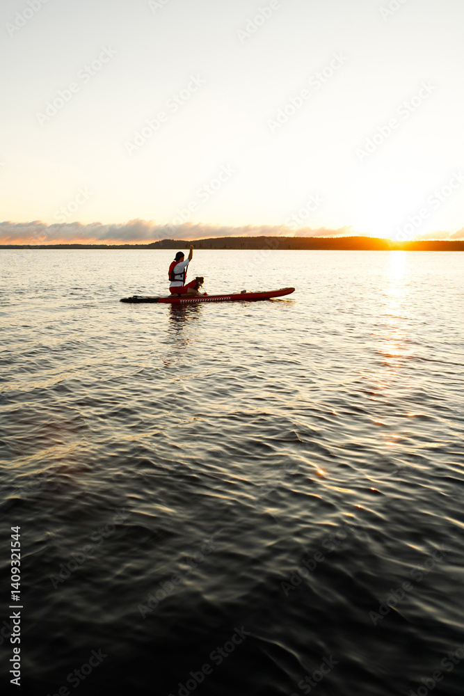 Fototapeta premium Border Collie puppy in red life jacket for animals swimming on a river on a red SUP board along with his owner in a white t-shirt, red shorts and life jacket who holds a paddle on a morning dawn
