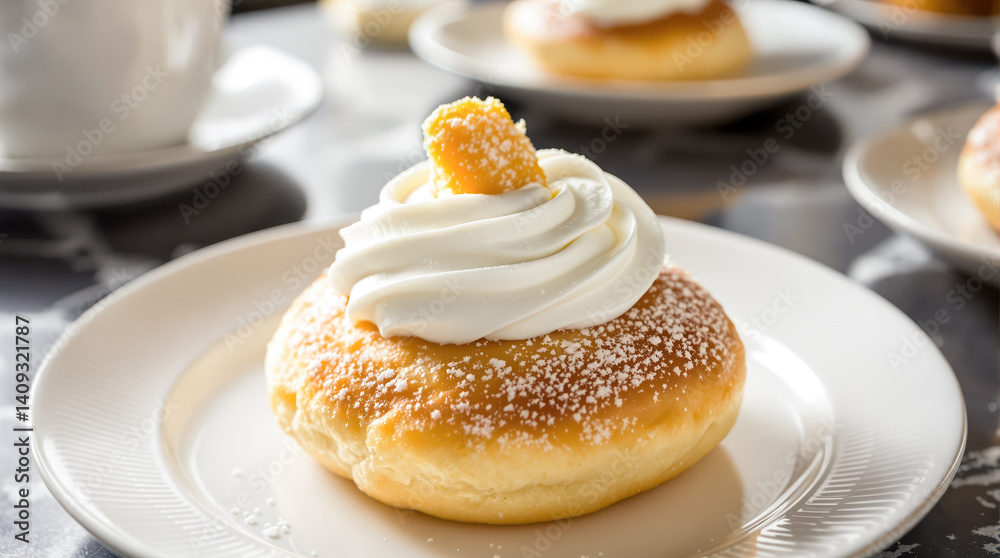 delectable pastry topped with creamy frosting and an orange fruit piece delectable pastry topped with creamy frosting and an orange fruit piece
