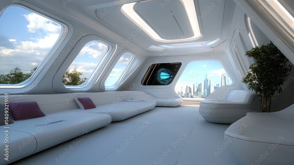 Futuristic lounge interior with city view, relaxing atmosphere Futuristic lounge interior with city view, relaxing atmosphere