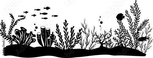 Undersea or aquarium landscape silhouette.  Underwater plants, corals and reef wildlife scene. Vector illustration with deep marine inhabitants. Black vector border.
