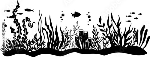 Undersea or aquarium landscape silhouette.  Underwater plants, corals and reef wildlife scene. Vector illustration with deep marine inhabitants. Black vector border.