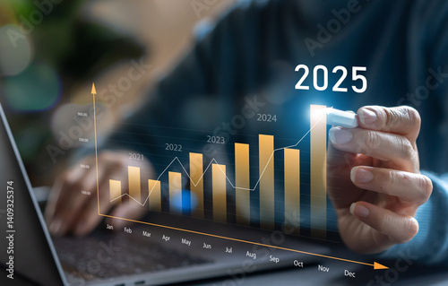 Human with 2025 new year target sale profit and arrow business financial investment graph, business growth, money, 2025, chart, target, investment, funds, saving money, banking, marketing and profit