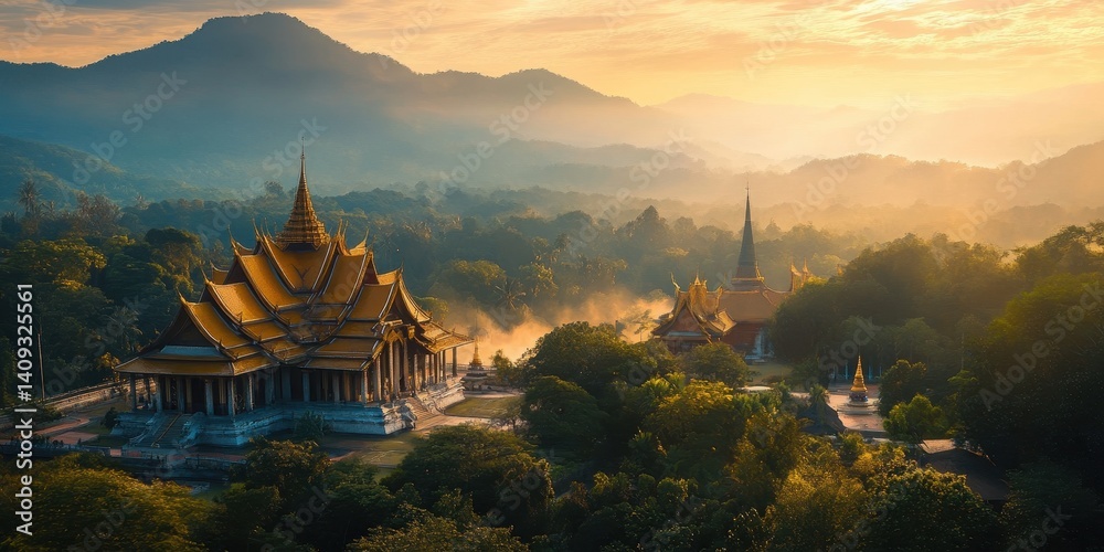 Fototapeta premium Golden Temple and Misty Mountains: A breathtaking vista unfolds, revealing a majestic temple with gilded spires nestled amidst lush green trees and enveloped in a serene, ethereal mist.