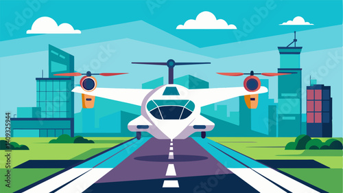 The eVTOL takes off from the sleek helipad its automated navigation system expertly guiding it through the complex and busy air traffic of the tech park.. Vector illustration