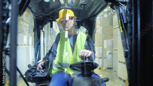 A man in a yellow hard hat and safety vest drives a forklift through a warehouse, highlighting the importance of safety in logistics operations.