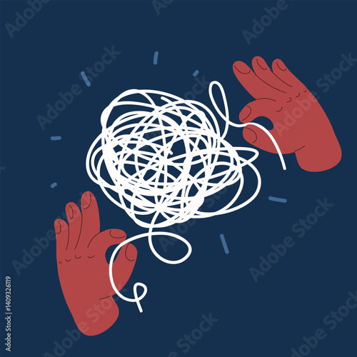 Cartoon vector illustration of hands untangling a thread like unraveling a problem or finding clarity against dark background
