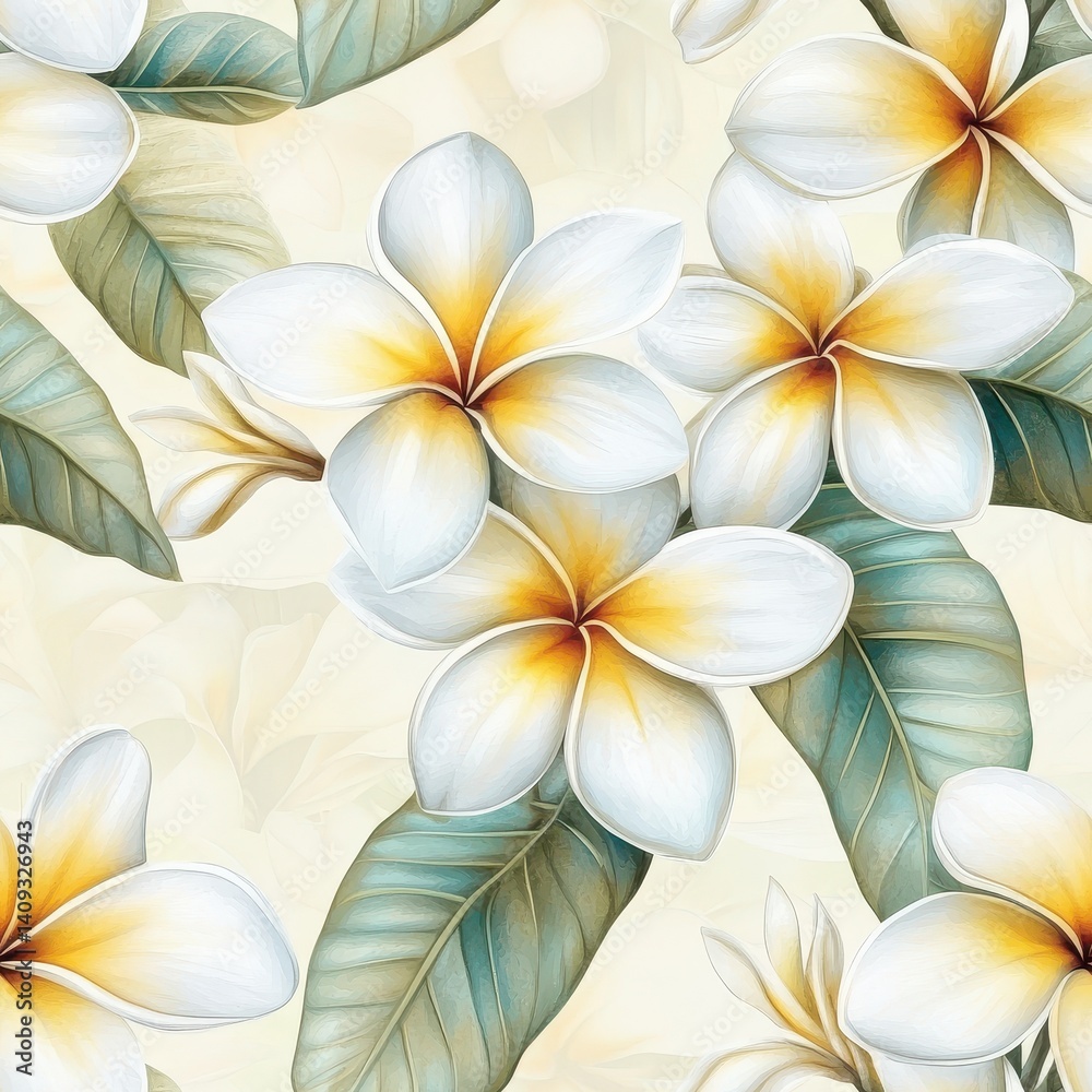Obraz premium Seamless pattern of frangipani (plumeria) flowers on a beige background 