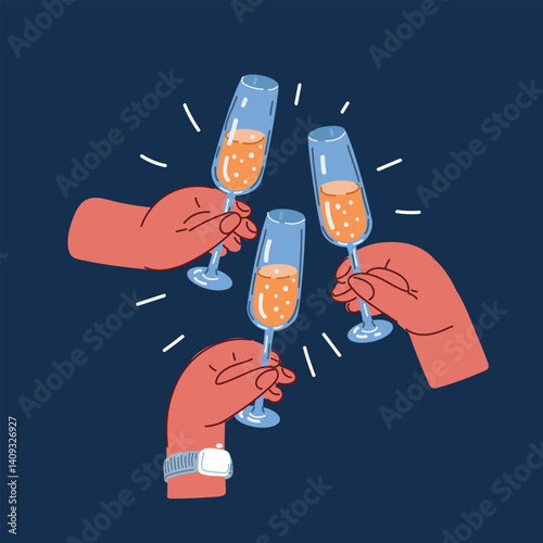 Cartoon vector illustration of hands clinking glasses, symbolizing celebration, friendship, and joyous moments against dark background