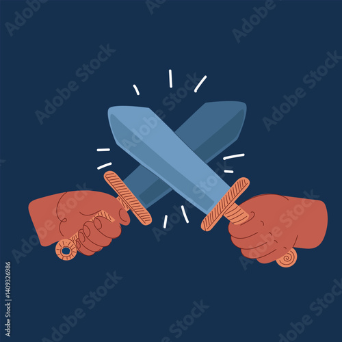 Cartoon vector illustration of hands fighting with swords, symbolizing combat, strength, and battle against dark background