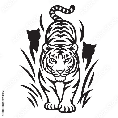 Set of big tigers. Collection of portraits of predatory wild cats. Set of wildlife and fauna dwellers. Vector Black silhouettes. illustration on a white background. Tattoo.