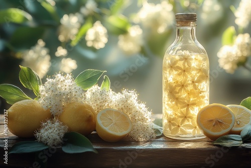 Elderflower Cordial and Lemon on Rustic Wooden Table with Fresh Blossoms