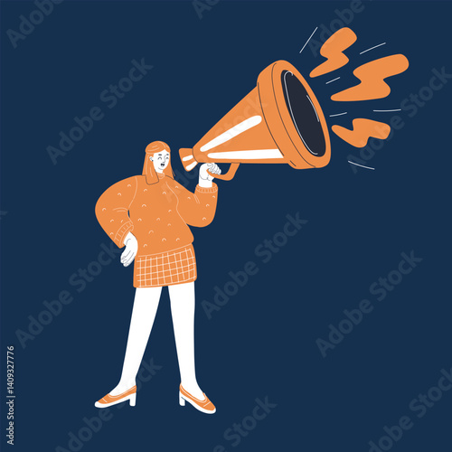 Cartoon vector illustration of a woman shouting through a megaphone, symbolizing communication, leadership, and spreading a message against dark background