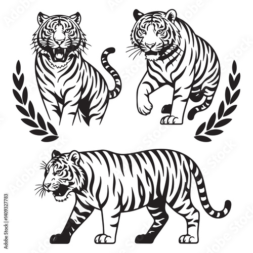 Set of big tigers. Collection of portraits of predatory wild cats. Set of wildlife and fauna dwellers. Vector Black silhouettes. illustration on a white background. Tattoo.