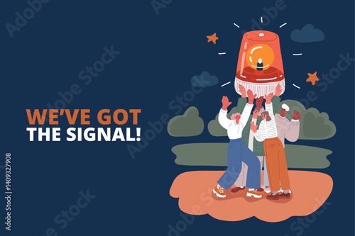 Cartoon vector illustration of people in a group holding a flashing light, symbolizing celebration, unity, and drawing attention to a collective achievement