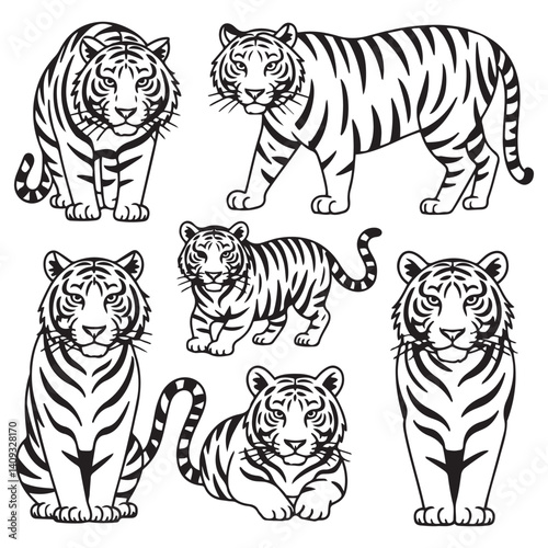 Set of big tigers. Collection of portraits of predatory wild cats. Set of wildlife and fauna dwellers. Vector Black silhouettes. illustration on a white background. Tattoo.