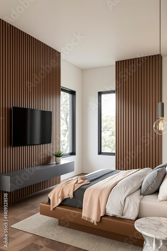 modern minimalist bedroom interior with wood paneling and low platform bed