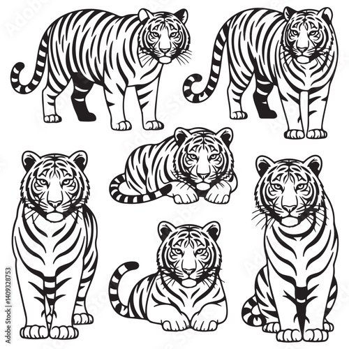 Set of big tigers. Collection of portraits of predatory wild cats. Set of wildlife and fauna dwellers. Vector Black silhouettes. illustration on a white background. Tattoo.