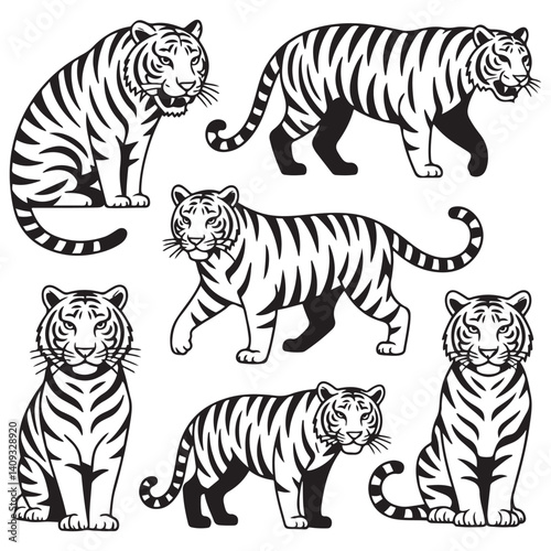 Set of big tigers. Collection of portraits of predatory wild cats. Set of wildlife and fauna dwellers. Vector Black silhouettes. illustration on a white background. Tattoo.
