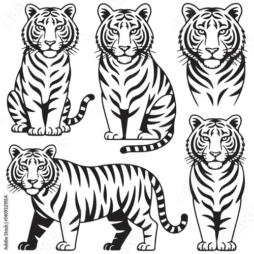 Set of big tigers. Collection of portraits of predatory wild cats. Set of wildlife and fauna dwellers. Vector Black silhouettes. illustration on a white background. Tattoo.