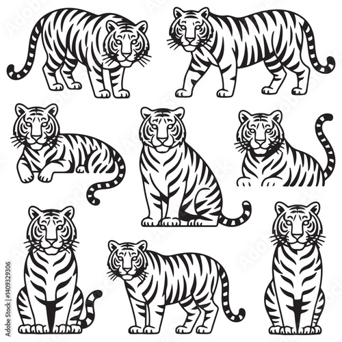 Set of big tigers. Collection of portraits of predatory wild cats. Set of wildlife and fauna dwellers. Vector Black silhouettes. illustration on a white background. Tattoo.