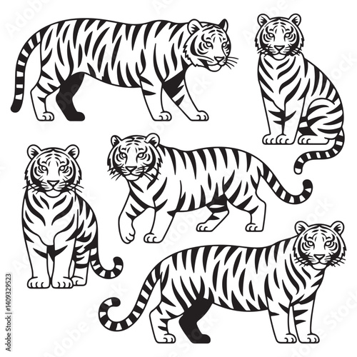 Set of big tigers. Collection of portraits of predatory wild cats. Set of wildlife and fauna dwellers. Vector Black silhouettes. illustration on a white background. Tattoo.