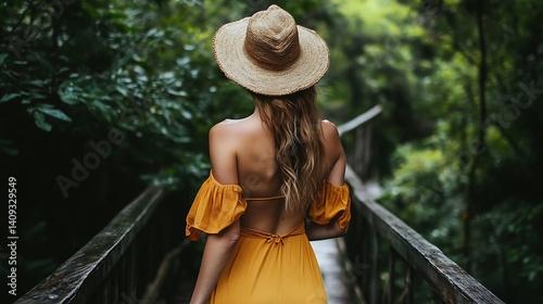 Woman in Yellow Dress Walking on Wooden Bridge through Lush Green Forest