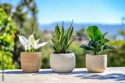 Three potted houseplants, displayed outdoors in sunlight. photo