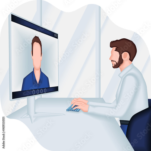 Businessman on a video call with stakeholder Business talk, growth strategies, and confidence in every decision. 2D vector illustration.