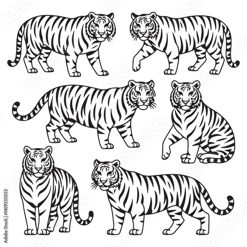 Set of big tigers. Collection of portraits of predatory wild cats. Set of wildlife and fauna dwellers. Vector Black silhouettes. illustration on a white background. Tattoo.