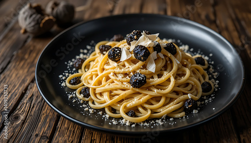 A luxurious plate of creamy truffle tagliatelle pasta, topped with freshly shaved black truffles, served on a matte black ceramic plate, with a rustic wooden table background, warm moody lighting, ult