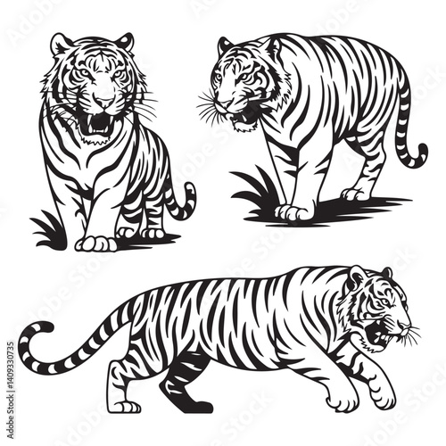 Set of big tigers. Collection of portraits of predatory wild cats. Set of wildlife and fauna dwellers. Vector Black silhouettes. illustration on a white background. Tattoo.