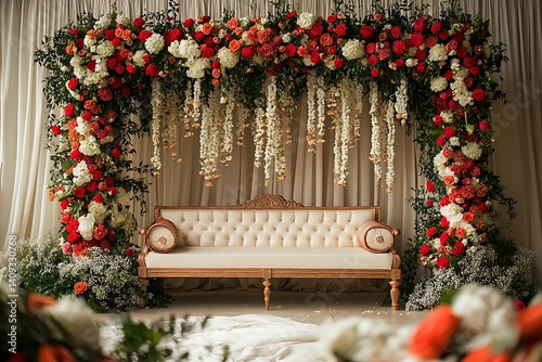 Ornate floral archway decorates a wedding seating area. photo