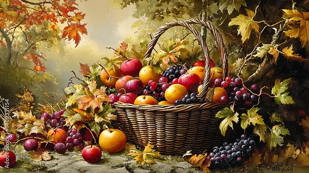 A vibrant autumn scene featuring a basket filled with colorful fruits among fallen leaves A vibrant autumn scene featuring a basket filled with colorful fruits among fallen leaves