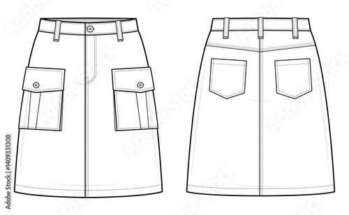 Utility Cargo Skirt Technical Fashion Illustration. A-Line Skirt with Flap Pockets and Belt Loops Vector Template. Front and Back View. Casual Streetwear Style. White Color. CAD Mockup Set.