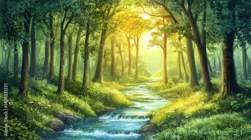 A sunlit forest scene with a flowing stream and lush green foliage in a painterly style