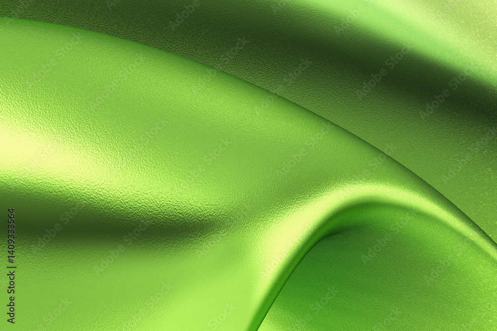 Green Silk Fabric, close-up shot of smooth, lustrous green silk fabric. The flowing fabric is illuminated, revealing its graceful folds and soft textures, 3d rendering
