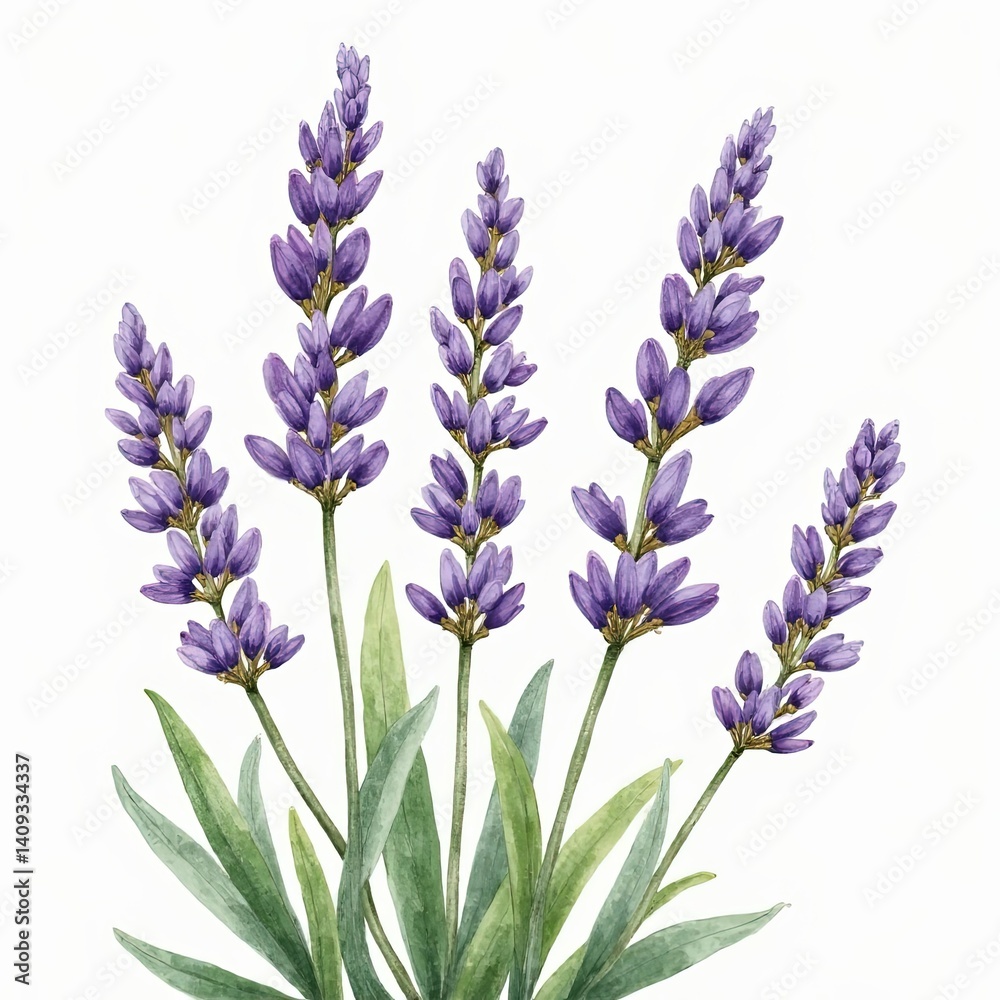 Fototapeta premium Stylized botanical watercolor illustration of lavender sprigs with purple blooms on a clean white background.