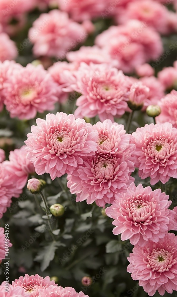 Overflowing Pink Chrysanthemums Bloom, Floral Display, Garden Flowers, Soft Lighting Overflowing Pink Chrysanthemums Bloom, Floral Display, Garden Flowers, Soft Lighting