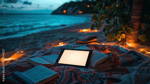 A peaceful beachside study session with a glowing tablet and books scattered on a colorful blanket