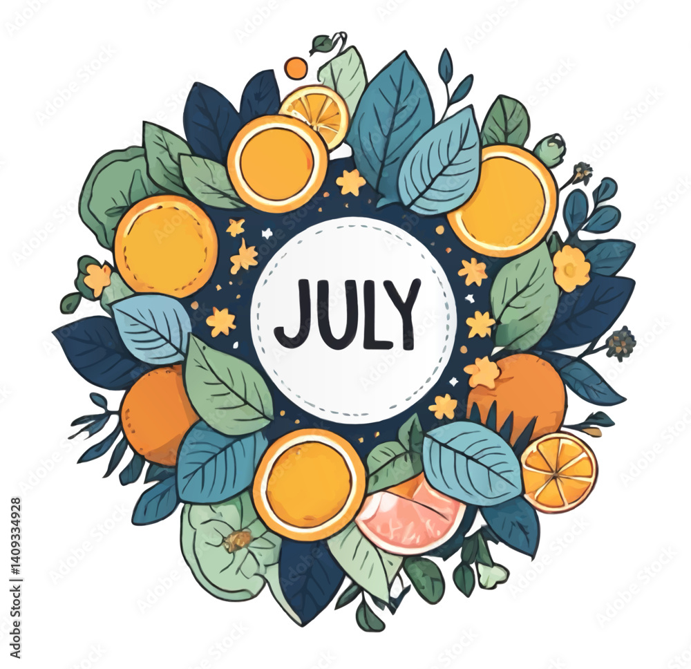 juli word text in floral frame isolated vector illustration