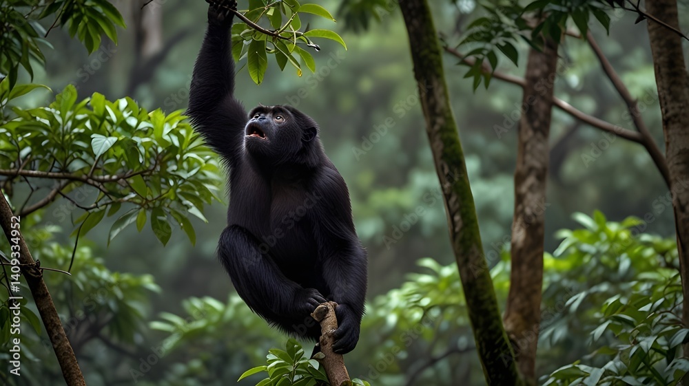 Obraz premium Howler monkey, known for its thunderous call, appears serene amidst the tropical foliage.