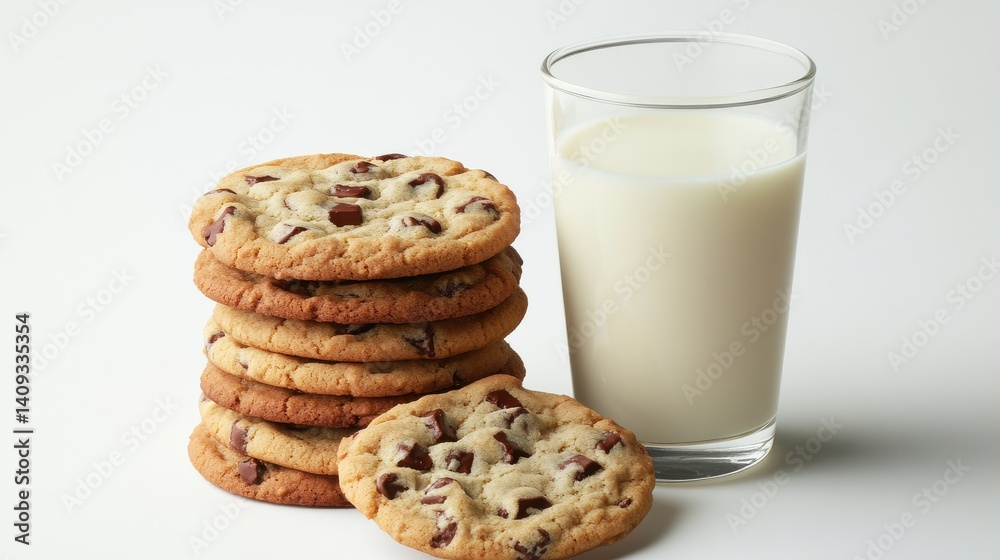 Freshly Baked Cookies with a Glass of Cold Milk on White Background Freshly Baked Cookies with a Glass of Cold Milk on White Background