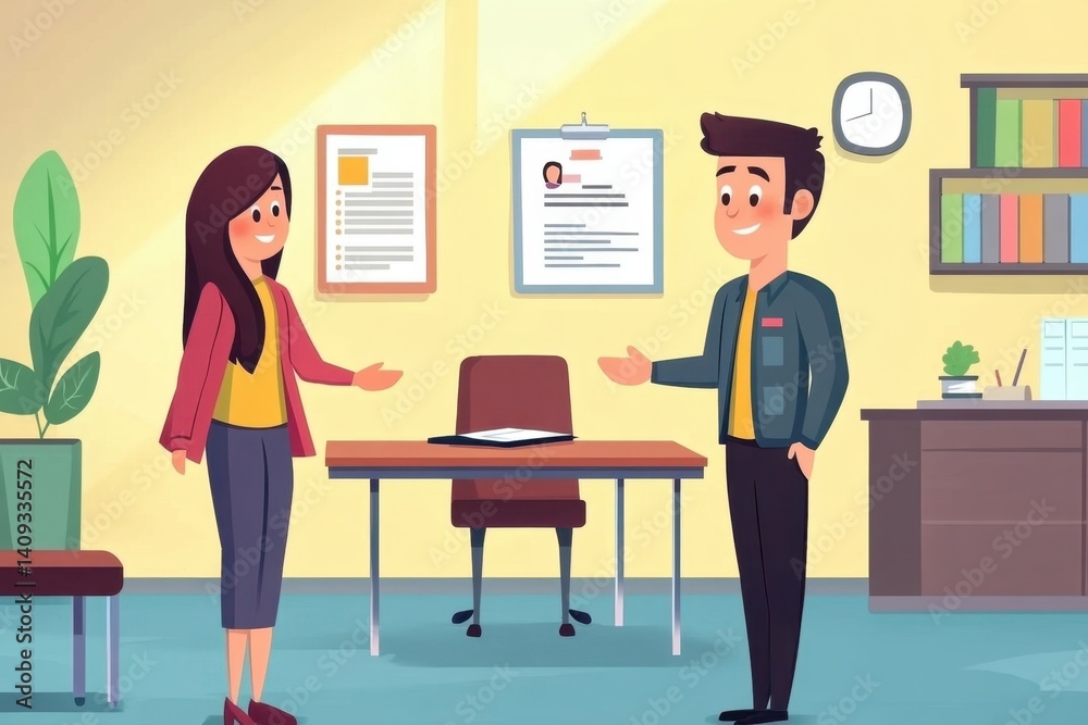 Professional Interaction in Modern Office Setting with Two Young Individuals Engaging in Friendly Conversation and Collaboration for Business Success Professional Interaction in Modern Office Setting with Two Young Individuals Engaging in Friendly Conversation and Collaboration for Business Success